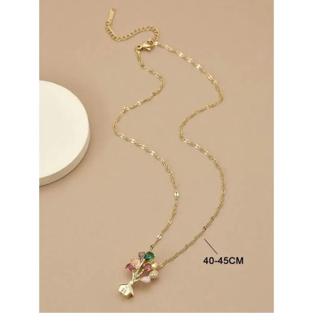 Gold-Plated Multicolor Gem Tree House Pendant Necklace R 592